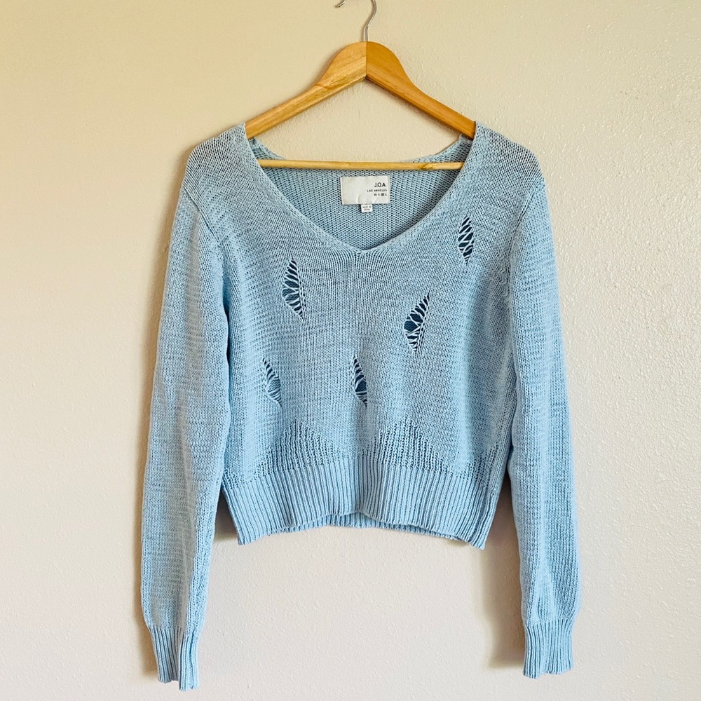 J.O.A. Perriwinkle Distressed V-Neck Knit Sweater